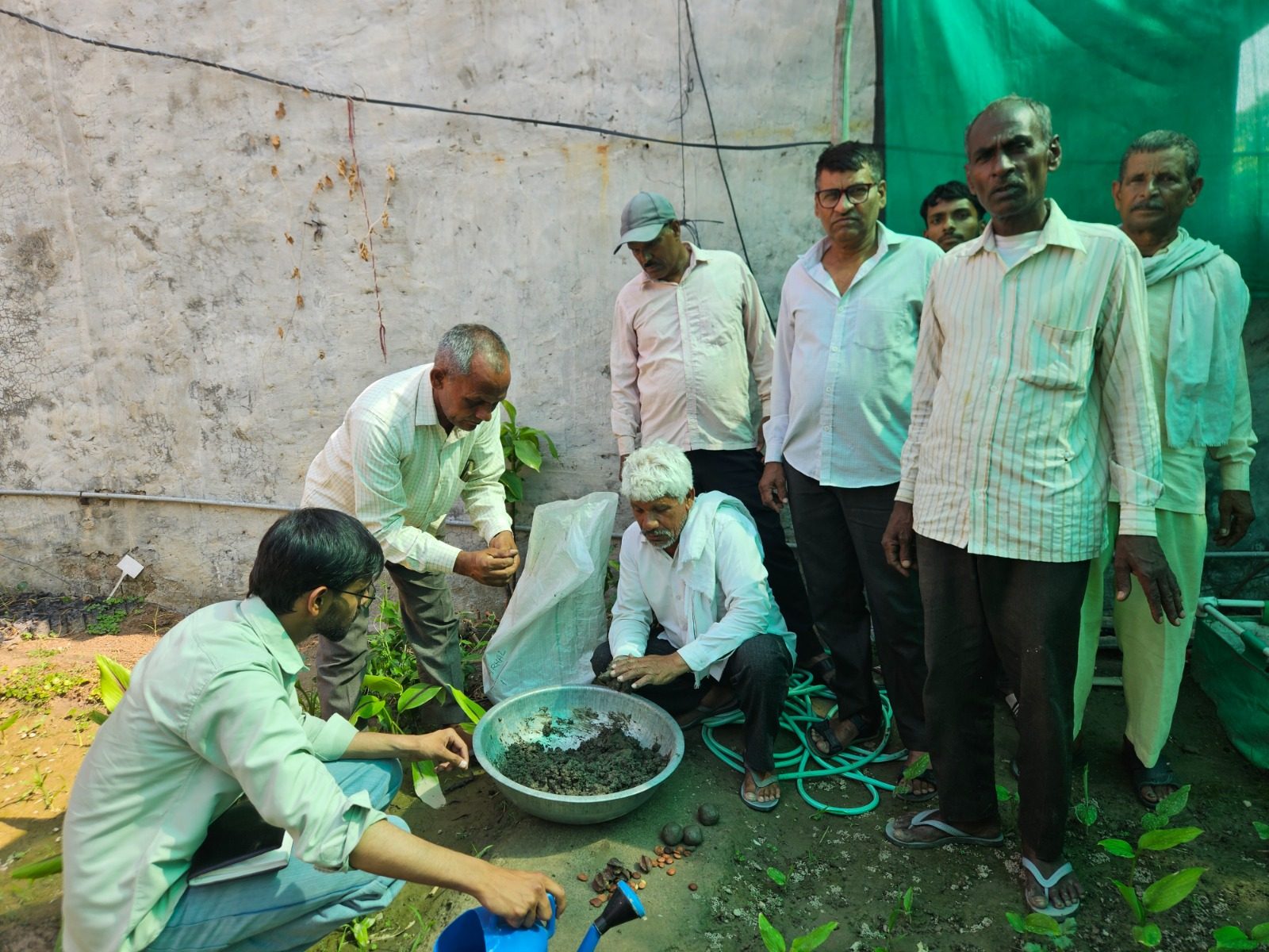 Community members preparing seed balls together